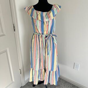 Draper James RSVP Striped Midi Dress Ruffle Neck Tie Waist off the shoulder Sz M